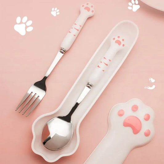 Cute Cat Paw Stainless Steel Spoon and Fork Set with Storage Box