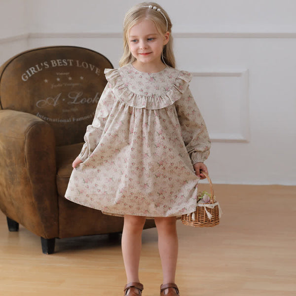 Toddler Retro Pastoral Flower Khaki Dress