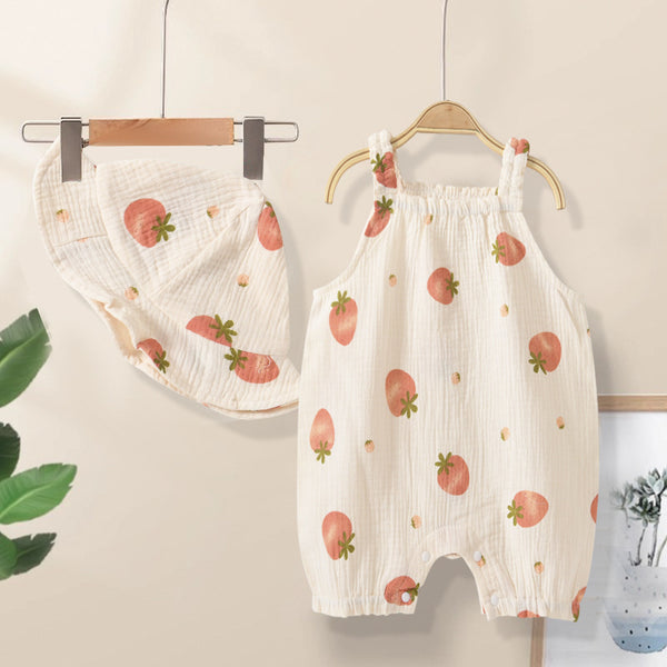 Baby Strawberry Strap Overall with Hat