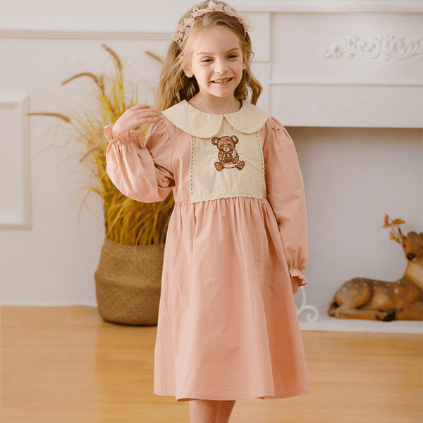 Toddler Embroidered Bear Pink Lapels Dress