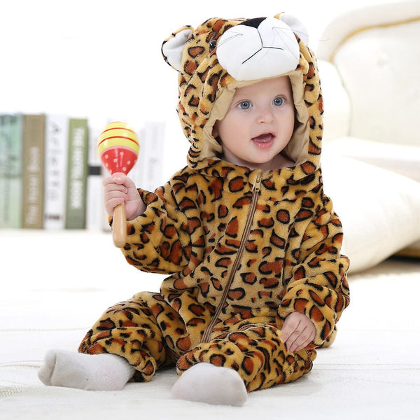 Baby Mira Cozy Critters™ Leopard Print Flannel Romper