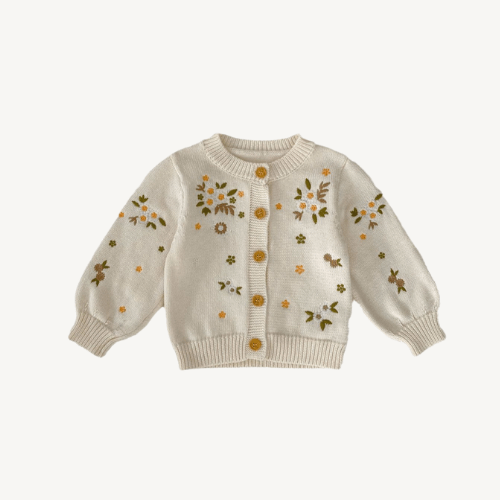 Baby Mira Embroidered Floral Beige Knit Cardigan